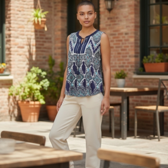 rxb Sleeveless Patterned Navy Top with Tie - Picture 1 of 9